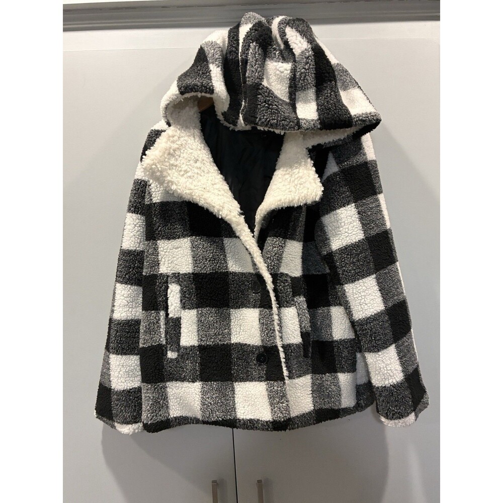 Faux Fur Black White Buffalo Plaid Sherpa Hooded Teddy Jacket Button Front L